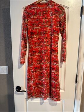 Red Western-Print Long Sleeve Midi Dress with Crew Neck